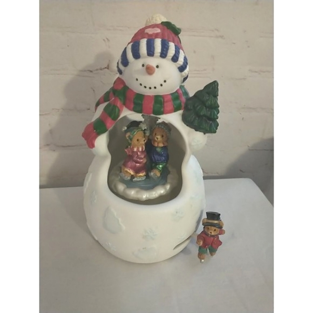 VTG Musical Snowman with Turning Teddy Bear Ice Skaters Windup Plays Let It Snow